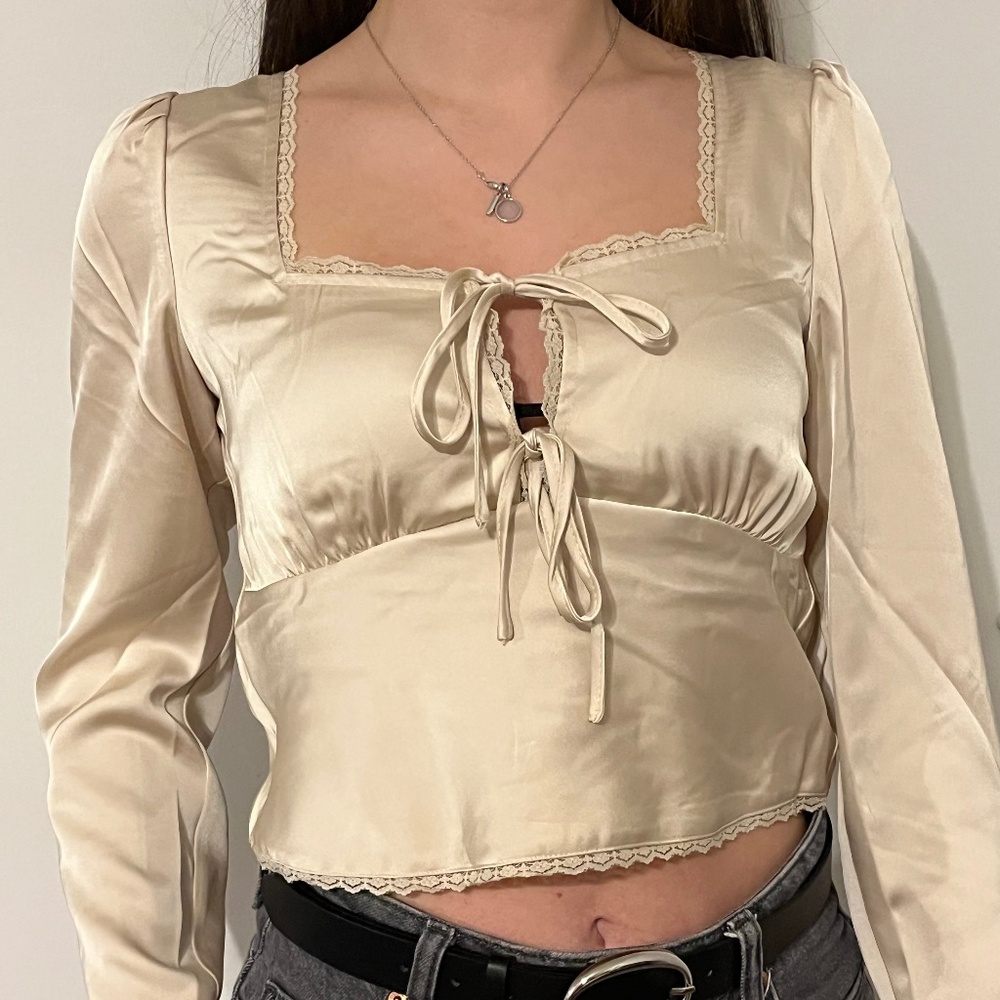 REVOLVE Ton Blouse Tie Front Long Sleeve Lace Trim Satin - Picture 4 of 9